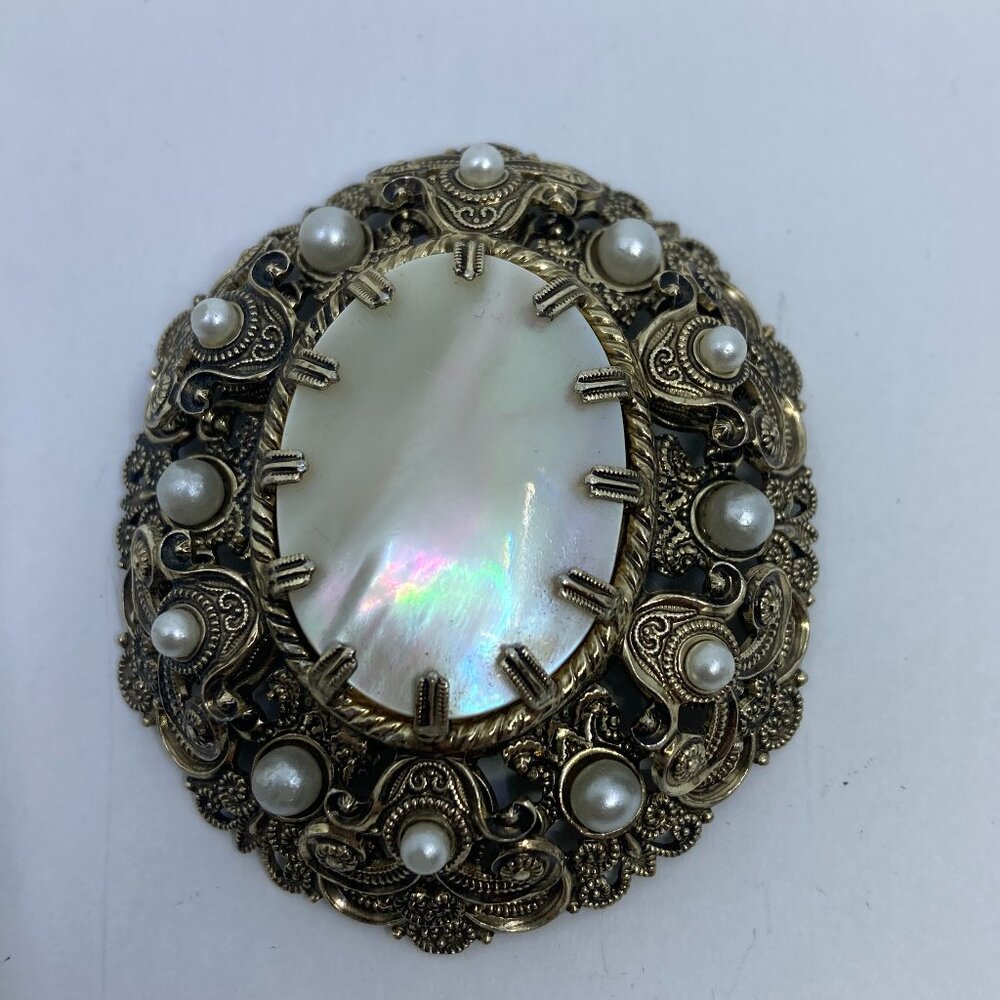 Vtg West Germany filigree faux pearl silver tone brooch